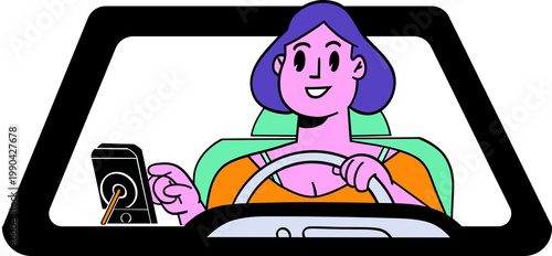 Smiling woman driver holding steering wheel and phone with navigation GPS mount, colorful retro cartoon style illustration through car windshield view isolated on background