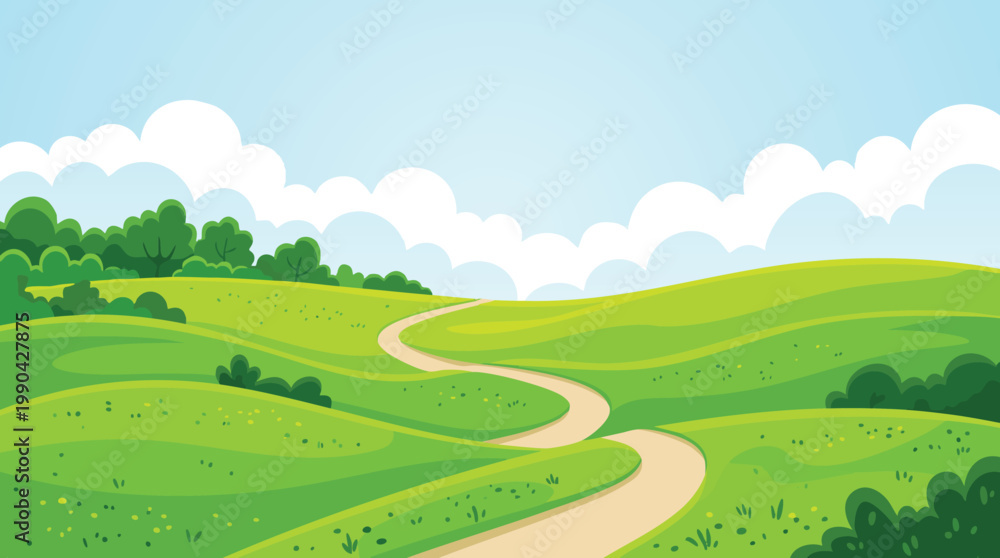 Fototapeta premium A winding dirt path leads through lush green rolling hills under a blue sky.