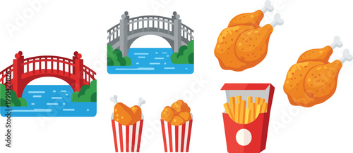 Bridges and fast food vector illustration set with fried chicken popcorn fries and river crossing structures in cartoon style