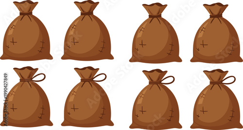 Brown sack bag collection vector illustration with tied fabric money or storage bags in cartoon style isolated set design