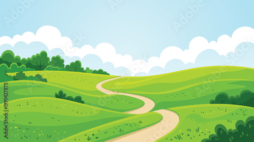 A winding dirt path leads through lush green rolling hills under a blue sky.