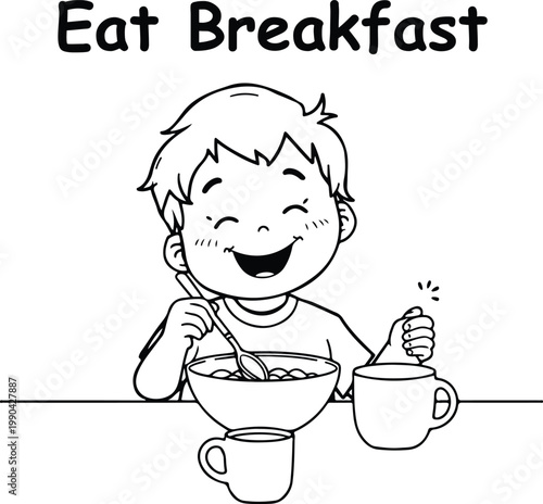 Kids Coloring Page A cheerful boy enjoys a nutritious breakfast with a bowl of cereal and a cup of milk Line Art Illustration