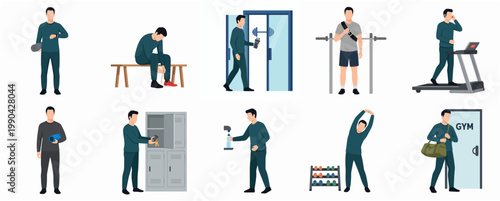 Flat Design Man Doing Activities in Gym Illustration Set
