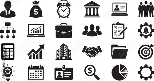Business and Finance Icon Set Flat Minimalist Vector Silhouette Symbols for Corporate and Web Design