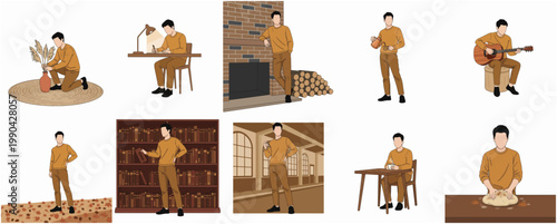 Flat Illustration Set Showing Person Performing Different Indoor Activities