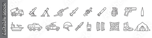 Military equipment and weapons icon set – editable outline symbols of artillery, anti-missile, vehicles, firearms, explosives, gear and tactical tools