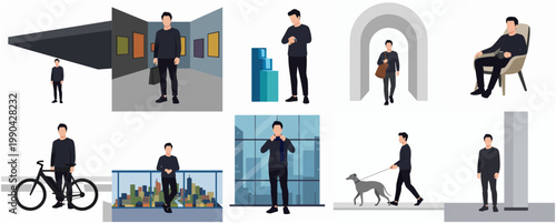 Flat Style Various Man Activity Illustration Set in Public Space