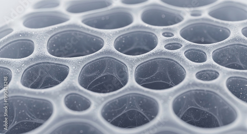 Close-up microscopic view of a delicate, porous, and intricate cellular structure with interconnected organic-like openings.