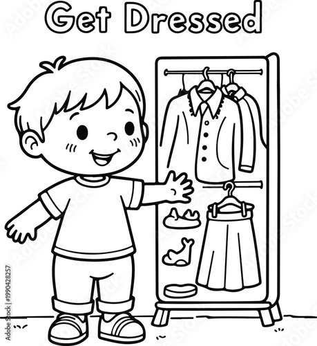 Kids Coloring Page A young boy excitedly choosing his outfit from a closet full of clothes Line Art Illustration