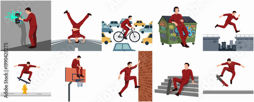 Flat Style Action Man in Cityscape Activity Illustration Set