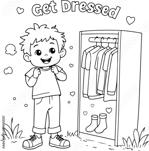 Kids Coloring Page A young boy excitedly getting dressed in front of an open closet full of clothes and shoes Line Art Illustration