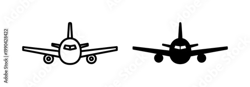 Front View Airplane Outline and Solid Silhouette Icons