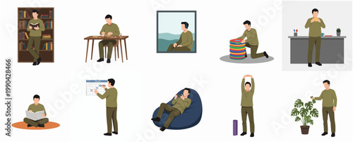 Modern Flat Illustration Set of Man Engaging in Various Daily Life Activities and Home Routines