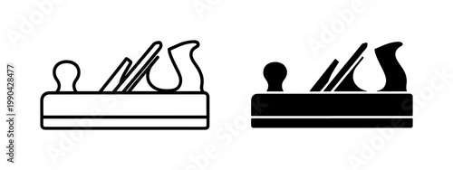 Woodworking plane icon set in outline and solid style