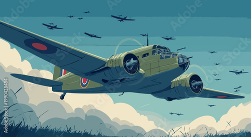 World War II Bomber Formation Flying Above Clouds Vector Illustration