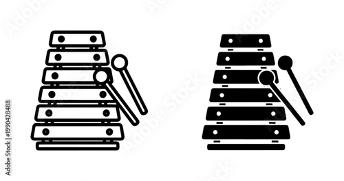 Xylophone musical instrument icon with mallets in outline and glyph