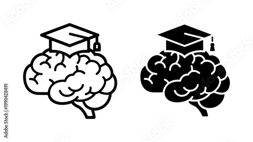 Human Brain Wearing Graduation Cap Icon Set