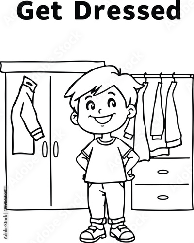 Kids Coloring Page A young boy standing in front of a wardrobe getting dressed for the day Line Art Illustration