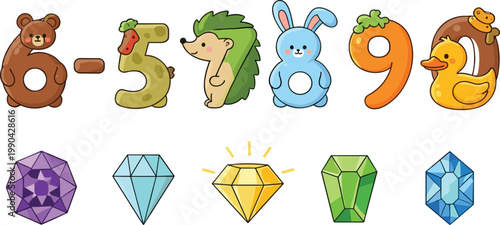 Cute animal number characters set with colorful gemstones, cartoon style educational illustration for kids learning numbers, playful vector collection for nursery and preschool design