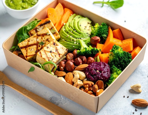 Vegan Buddha Bowl With Grilled Tofu Sliced Avocado Broccoli Sweet Potato And Mixed Nuts In Eco Friendly Cardboard Box On Light Gray Background