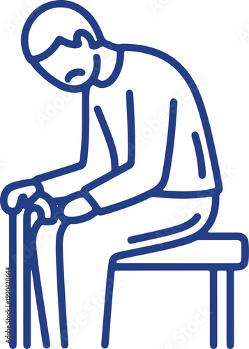 Sad elderly person sitting with cane representing loneliness and physical limitations for old people.