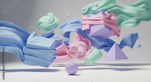 Abstract composition featuring pastel-colored flowing fabrics intertwined with various geometric shapes like cubes, pyramids, and spheres, creating a dynamic and artistic visual.