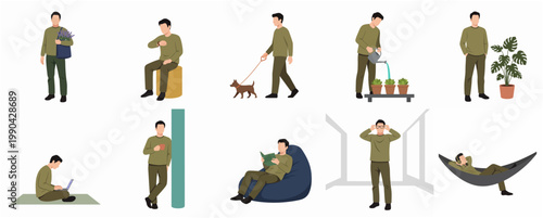 Modern Flat Illustration of Man in Various Activities and Poses Lifestyle