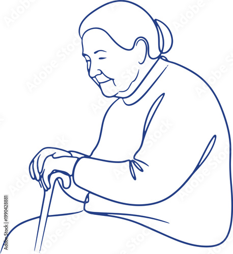 Elderly woman sitting with walking stick line art old person with wrinkled face and gray hair showing age and wisdom.