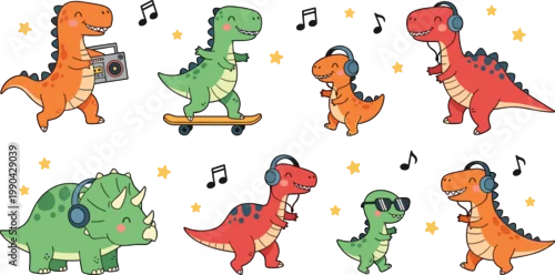 Fototapeta Cartoon Music-Loving Dinosaurs Icon Set Featuring Dinosaurs with Headphones, Skateboards, and Boomboxes for Fun and Playful Designs