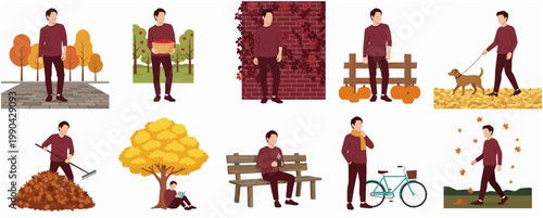 Flat Style Illustrations Depicting Activities of Man in Autumn Season