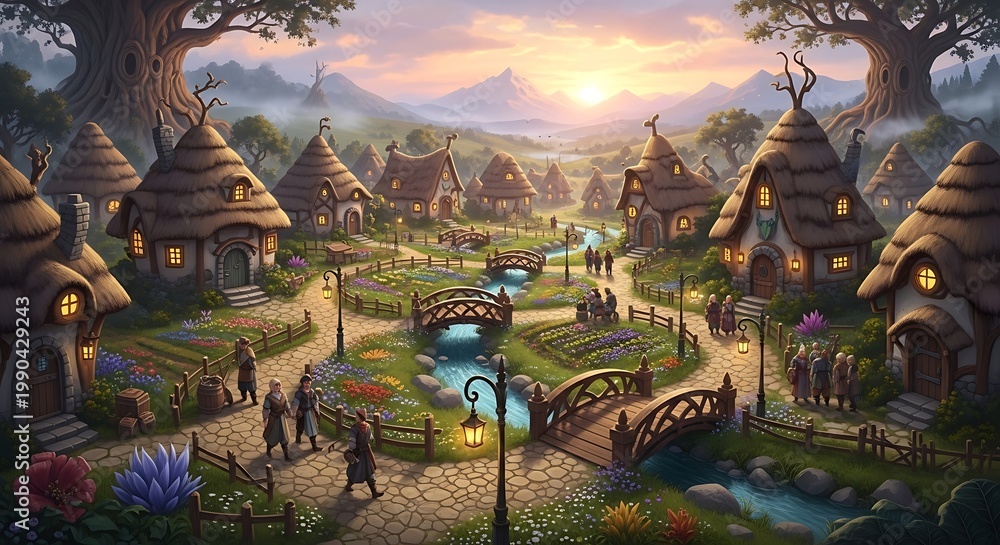 Fototapeta premium Fantasy village with thatched roof houses and bridges at sunset