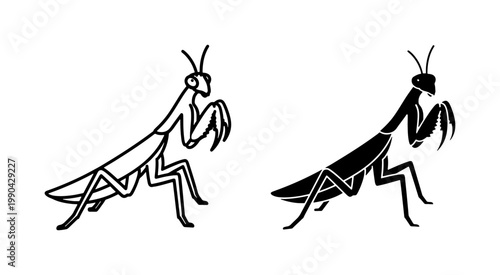 Praying Mantis Insect Outline and Black Silhouette Set