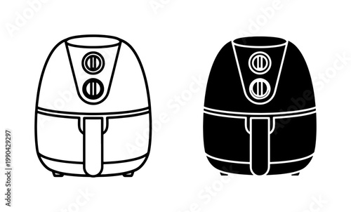 Air Fryer Icon Set in Outline and Solid Style