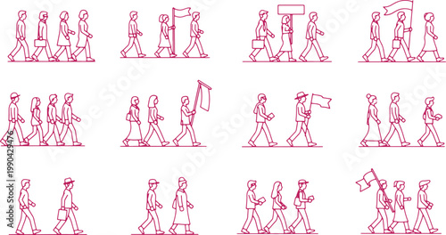 Group of people marching in protest, demonstration, activism, crowd with banners, social movement illustration.