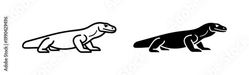 Komodo dragon lizard line art and silhouette icon set