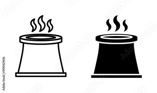 Nuclear cooling tower icon set with steam smoke