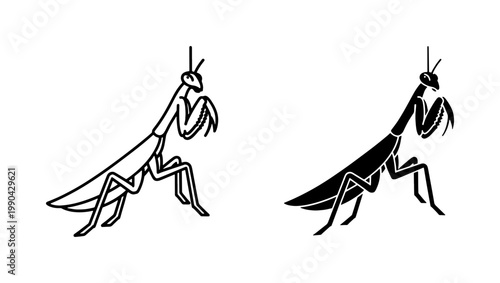 Praying Mantis Insect Line Art and Silhouette Icon Set