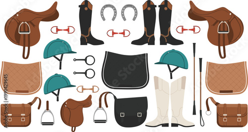 Equestrian Equipment Icon Set Featuring Saddles, Boots, Helmets, Bridle, Stirrups, and Other Riding Gear for Horseback Riding and Equestrian Sports