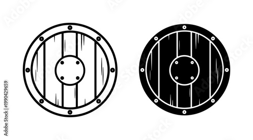 Viking wooden shield icons in black and white line art