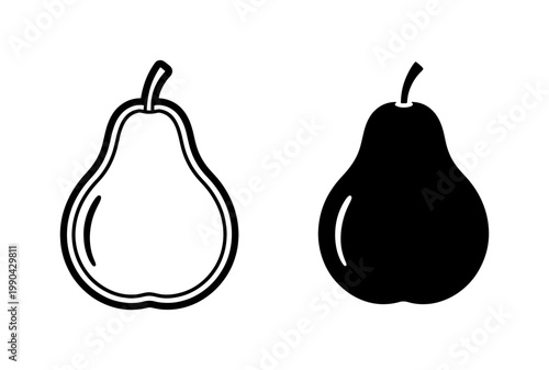 Pear fruit outline and solid black icon set