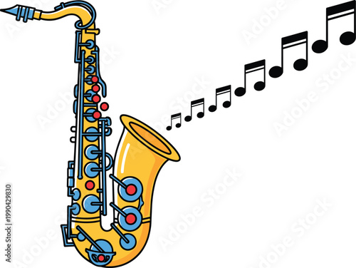 Hand Drawn Vector Illustration of a Golden Saxophone Playing Musical Notes Isolated on White Background for Jazz and Music Festival Design
