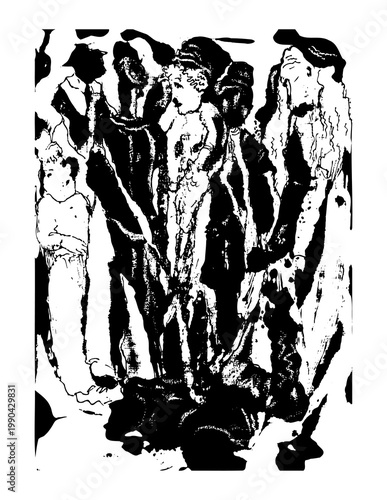 Abstraction, abstract drawing of a group of people, black and white vector image