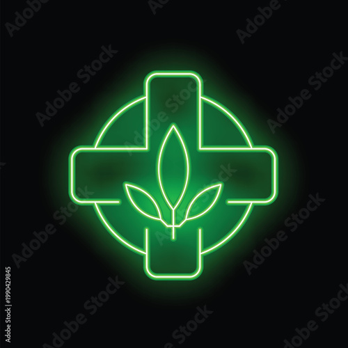 Green neon sign is glowing in the dark, representing the concept of medical cannabis