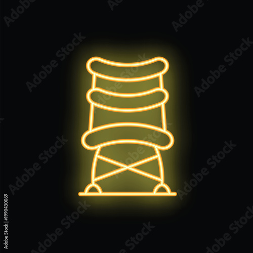Neon sign of a folding camping chair glowing on a black background