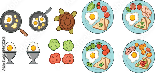Hand drawn breakfast food collection with eggs, toast, vegetables and frying pan illustrations, healthy morning meal set in flat cartoon style for menu design