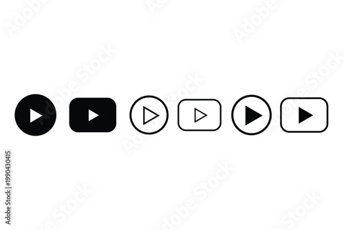 Minimalist play button icon set, black and white video player symbols, 6 multimedia start buttons for web and app interface design