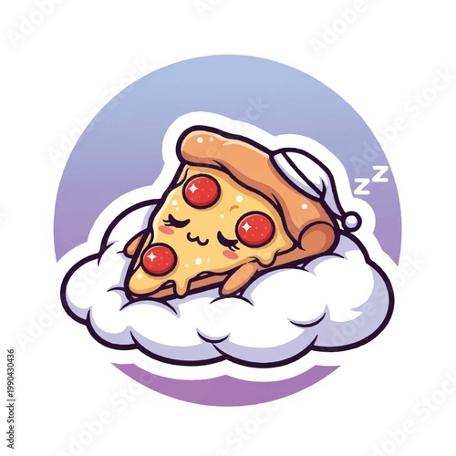 Cute Cartoon Pizza Slice Sleeping on a Cloud.