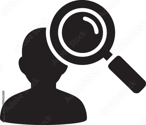 Search, magnifying glass, person silhouette, investigation icon, black vector graphic