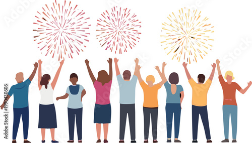 People celebrating with fireworks vector illustration showing group of happy crowd watching festive display event in colorful cartoon style