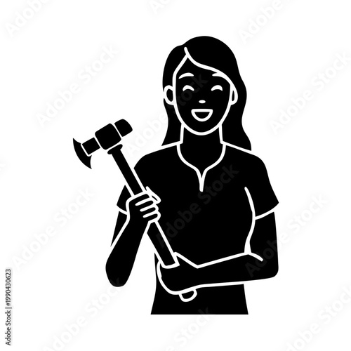 Smiling woman holding sledgehammer illustration, determined character shows strength and capability for work. Empowered woman holding sledgehammer symbolizes readiness for tough tasks.